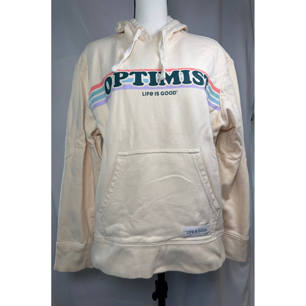 Life Is Good Optimist Graphic Logo Hoodie Womens Large Cream Excellent